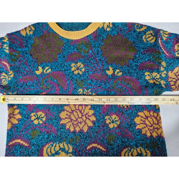 Vintage Elsa Phillips Teal Floral Paisley Mock Neck Knit Sweater Made in USA 402 - Picture 3 of 7